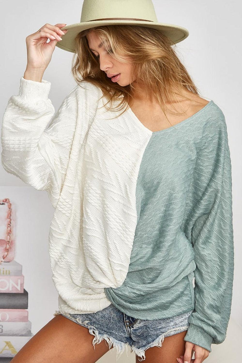 BiBi Twist Front Contrast Cable Knit Top - Bona Fide Fashion