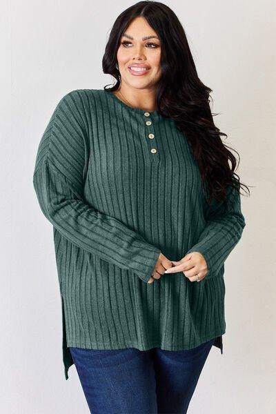 Bona Fide Fashion - Basic Bae Full Size Ribbed Half Button Long Sleeve High-Low T-Shirt - Bona Fide Fashion