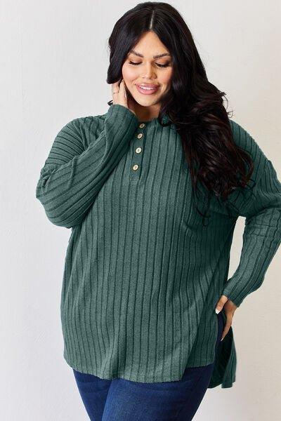 Bona Fide Fashion - Basic Bae Full Size Ribbed Half Button Long Sleeve High-Low T-Shirt - Bona Fide Fashion