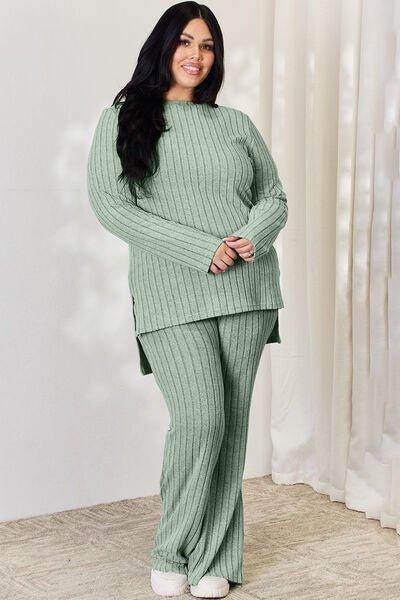 Bona Fide Fashion - Basic Bae Full Size Ribbed High-Low Top and Wide Leg Pants Set - Bona Fide Fashion