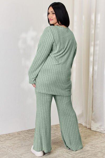 Bona Fide Fashion - Basic Bae Full Size Ribbed High-Low Top and Wide Leg Pants Set - Bona Fide Fashion