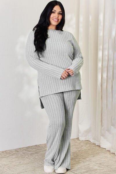 Bona Fide Fashion - Basic Bae Full Size Ribbed High-Low Top and Wide Leg Pants Set - Bona Fide Fashion