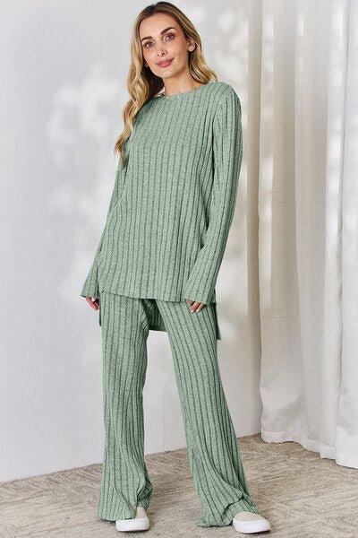 Bona Fide Fashion - Basic Bae Full Size Ribbed High-Low Top and Wide Leg Pants Set - Bona Fide Fashion