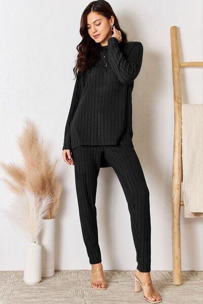 Bona Fide Fashion - Basic Bae Full Size Ribbed Round Neck High-Low Slit Top and Pants Set - Bona Fide Fashion