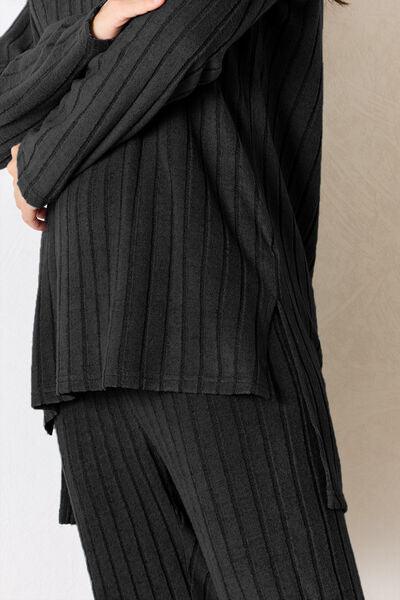 Bona Fide Fashion - Basic Bae Full Size Ribbed Round Neck High-Low Slit Top and Pants Set - Bona Fide Fashion