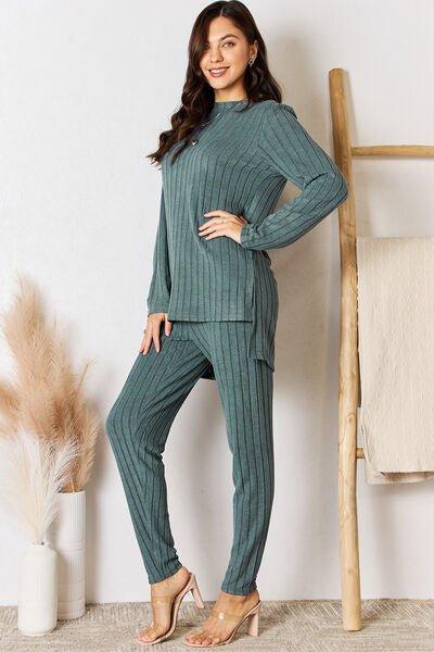 Bona Fide Fashion - Basic Bae Full Size Ribbed Round Neck High-Low Slit Top and Pants Set - Bona Fide Fashion