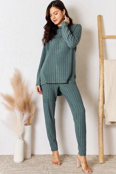 Bona Fide Fashion - Basic Bae Full Size Ribbed Round Neck High-Low Slit Top and Pants Set - Bona Fide Fashion