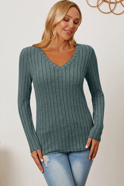 Bona Fide Fashion - Basic Bae Full Size Ribbed V-Neck Long Sleeve T-Shirt - Bona Fide Fashion