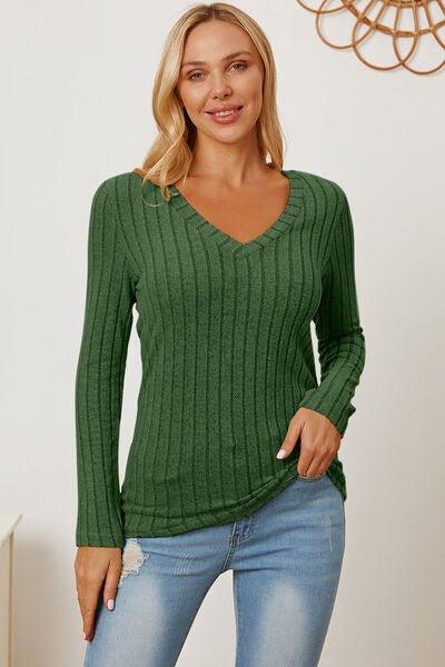 Bona Fide Fashion - Basic Bae Full Size Ribbed V-Neck Long Sleeve T-Shirt - Bona Fide Fashion