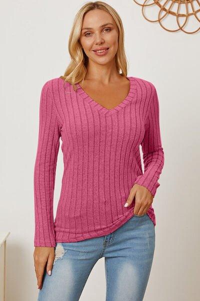 Bona Fide Fashion - Basic Bae Full Size Ribbed V-Neck Long Sleeve T-Shirt - Bona Fide Fashion