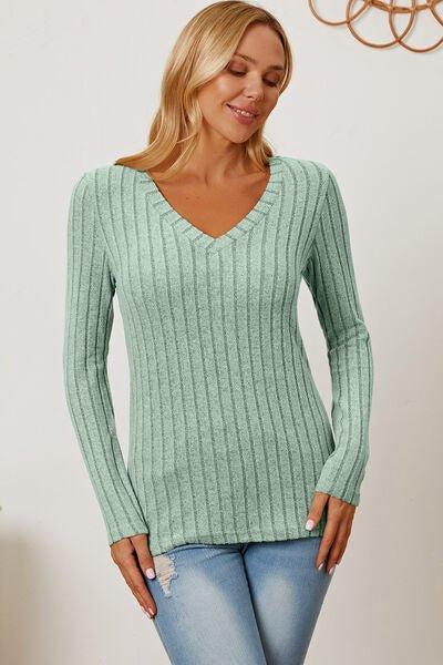 Bona Fide Fashion - Basic Bae Full Size Ribbed V-Neck Long Sleeve T-Shirt - Bona Fide Fashion