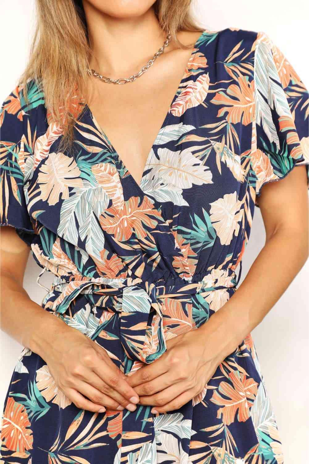 Bona Fide Fashion - Botanical Print Surplice Neck Tie Waist Romper - Women Fashion - Bona Fide Fashion