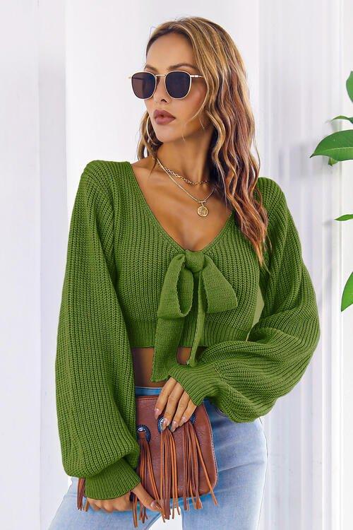 Bona Fide Fashion - Bow V-Neck Long Sleeve Cropped Sweater - Women Fashion - Bona Fide Fashion