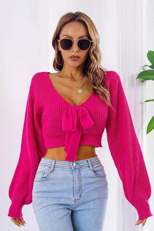 Bona Fide Fashion - Bow V-Neck Long Sleeve Cropped Sweater - Women Fashion - Bona Fide Fashion