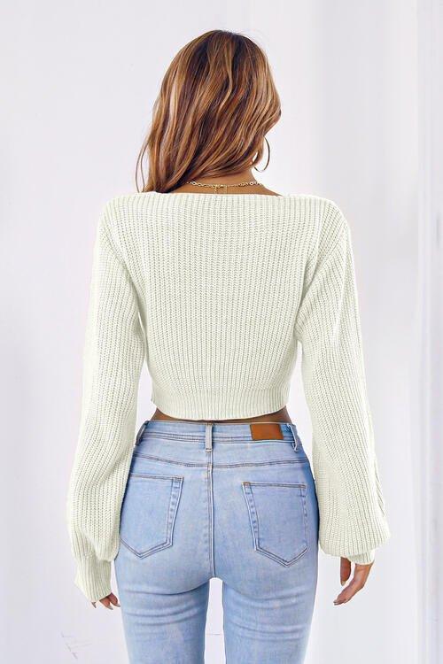 Bona Fide Fashion - Bow V-Neck Long Sleeve Cropped Sweater - Women Fashion - Bona Fide Fashion