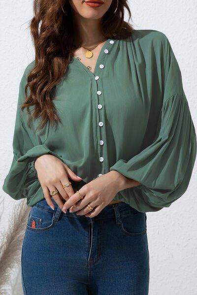 Bona Fide Fashion - Button Up Balloon Sleeve Shirt - Women Fashion - Bona Fide Fashion