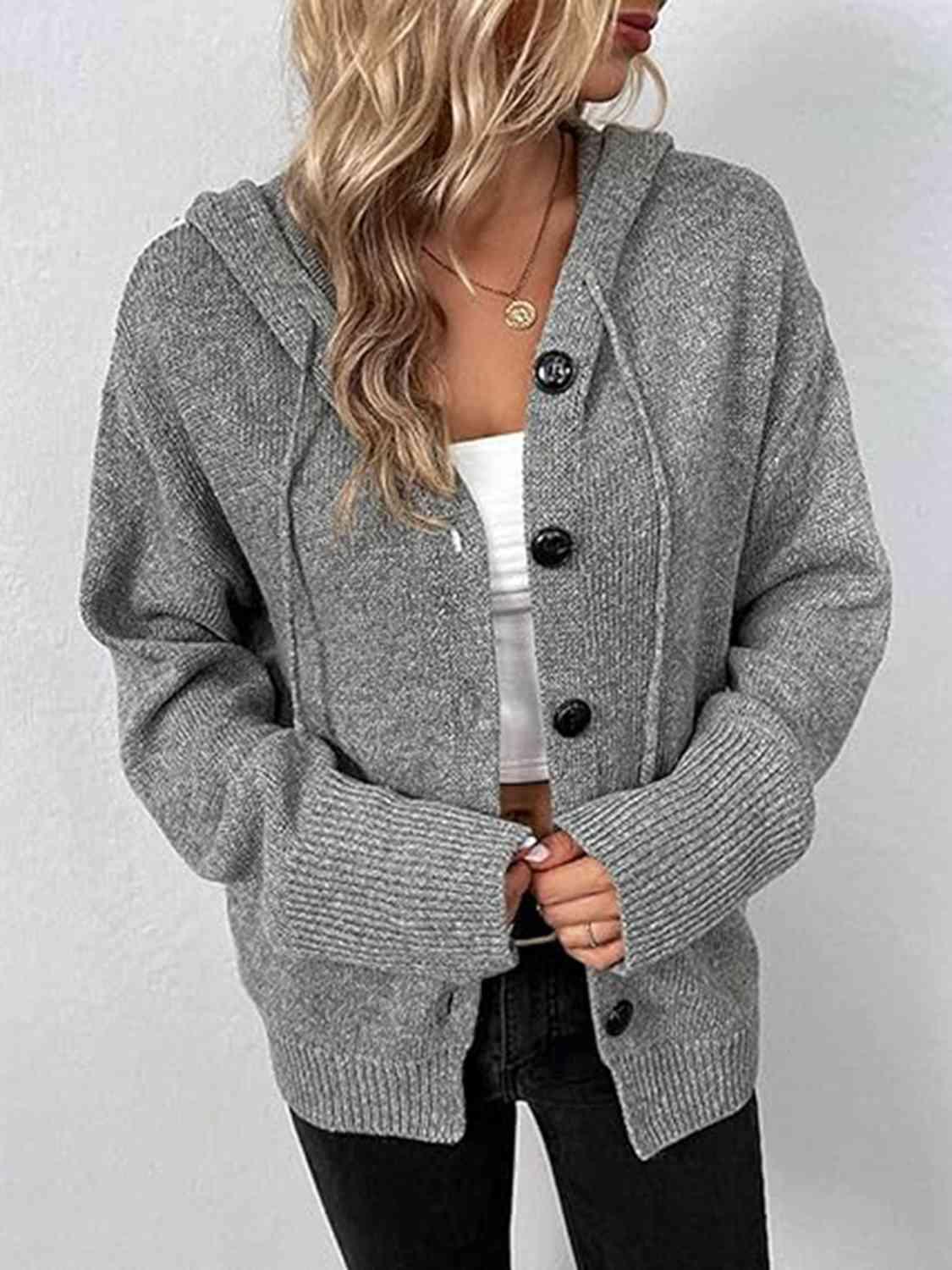 Bona Fide Fashion - Button Up Drawstring Long Sleeve Hooded Cardigan - Women Fashion - Bona Fide Fashion