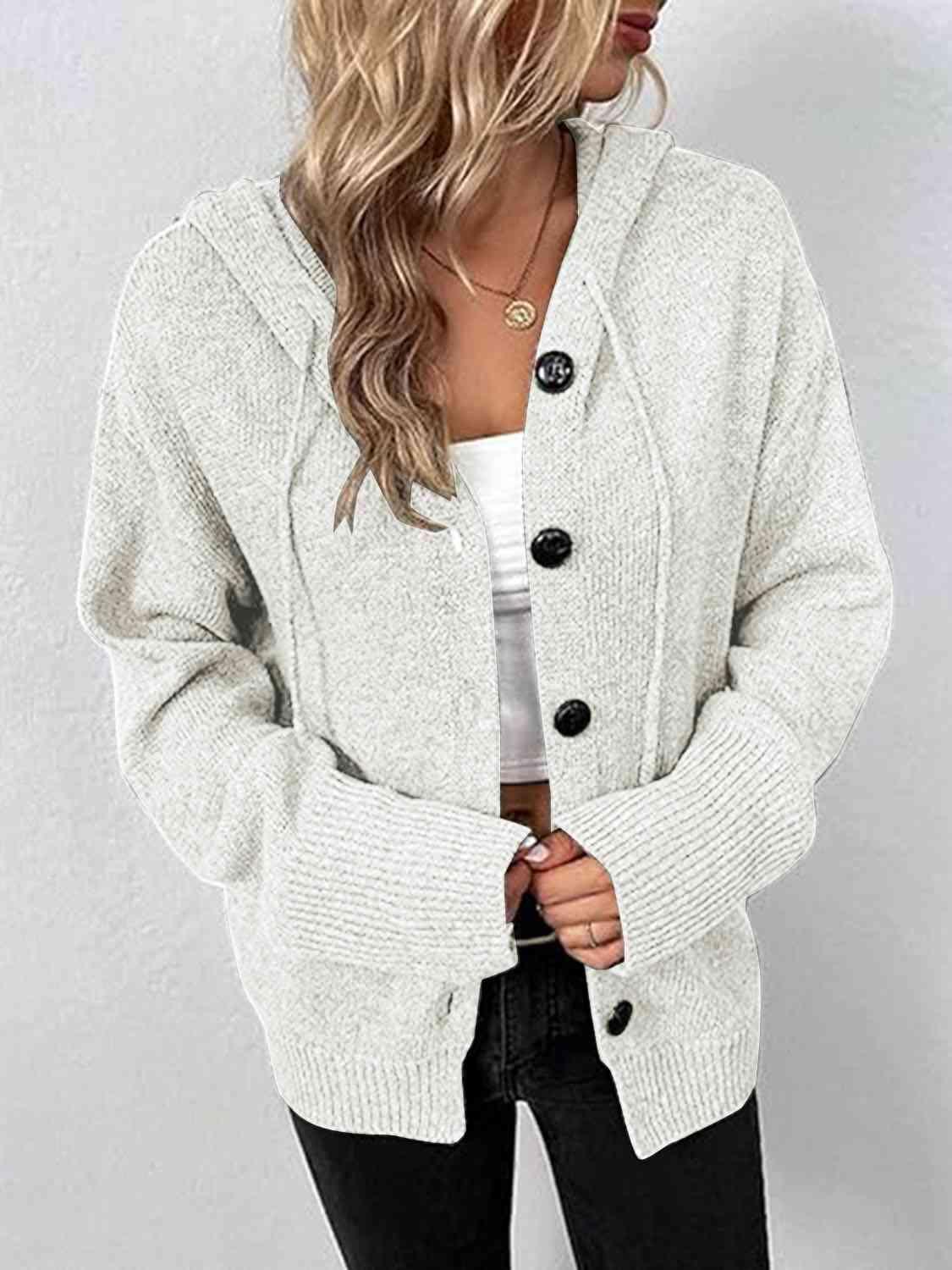 Bona Fide Fashion - Button Up Drawstring Long Sleeve Hooded Cardigan - Women Fashion - Bona Fide Fashion