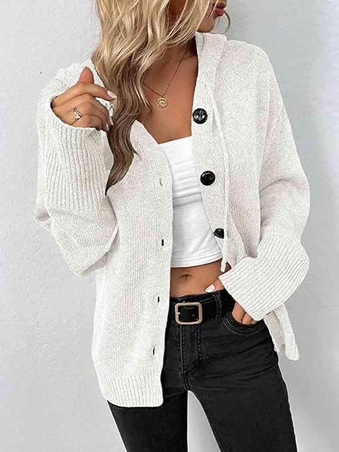 Bona Fide Fashion - Button Up Drawstring Long Sleeve Hooded Cardigan - Women Fashion - Bona Fide Fashion