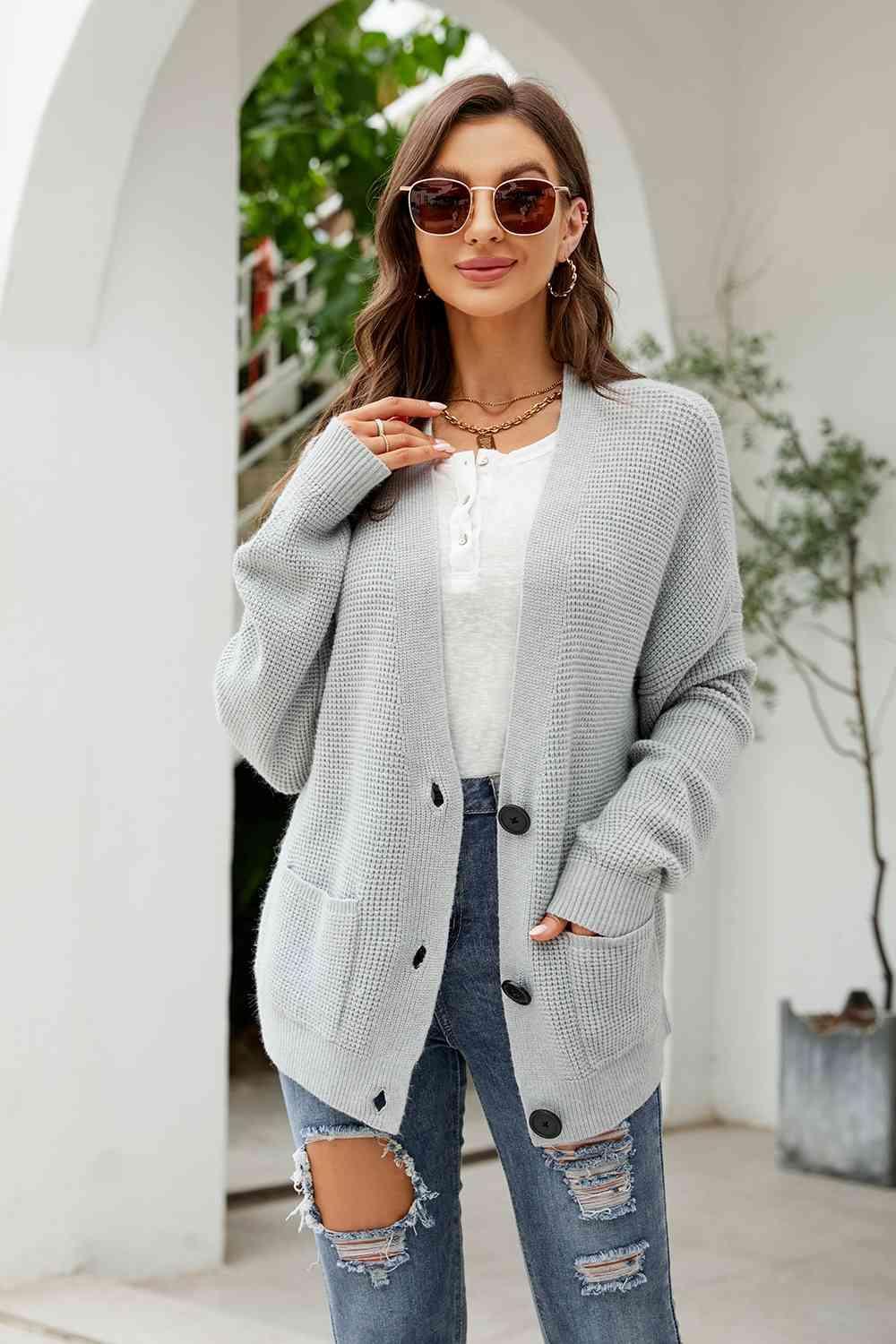 Bona Fide Fashion - Button Up Drop Shoulder Long Sleeve Cardigan - Women Fashion - Bona Fide Fashion
