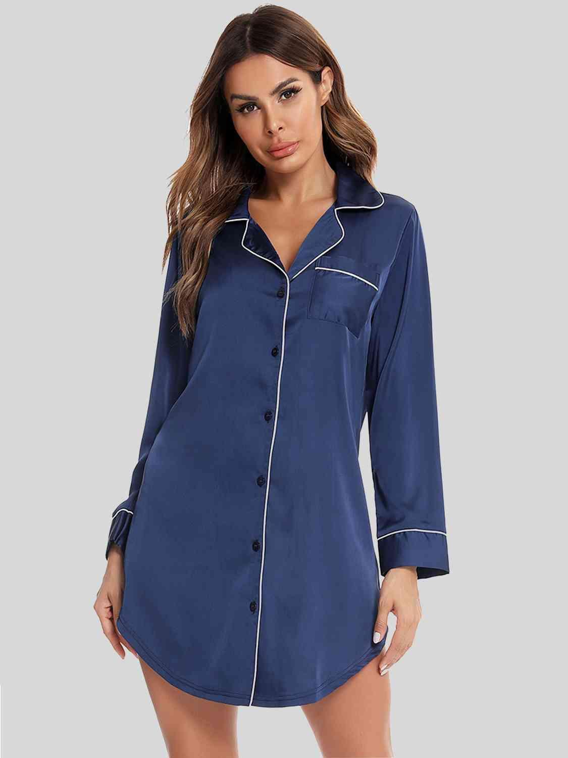 Bona Fide Fashion - Button Up Lapel Collar Night Dress with Pocket - Women Fashion - Bona Fide Fashion