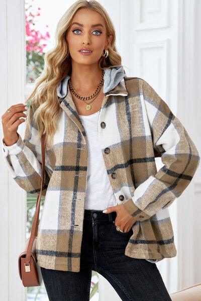 Bona Fide Fashion - Button Up Plaid Hooded Jacket - Women Fashion - Bona Fide Fashion