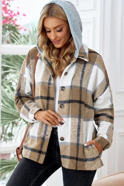 Bona Fide Fashion - Button Up Plaid Hooded Jacket - Women Fashion - Bona Fide Fashion