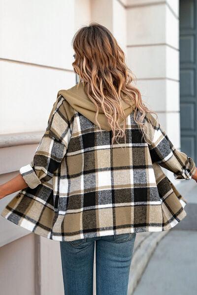 Bona Fide Fashion - Button Up Plaid Hooded Jacket - Women Fashion - Bona Fide Fashion