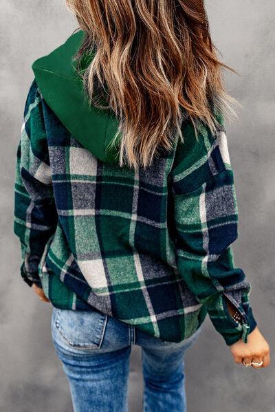 Bona Fide Fashion - Button Up Plaid Hooded Jacket - Women Fashion - Bona Fide Fashion