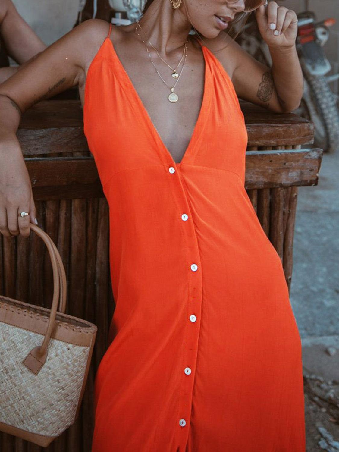 Bona Fide Fashion - Buttoned Plunge Midi Cami Dress - Women Fashion - Bona Fide Fashion