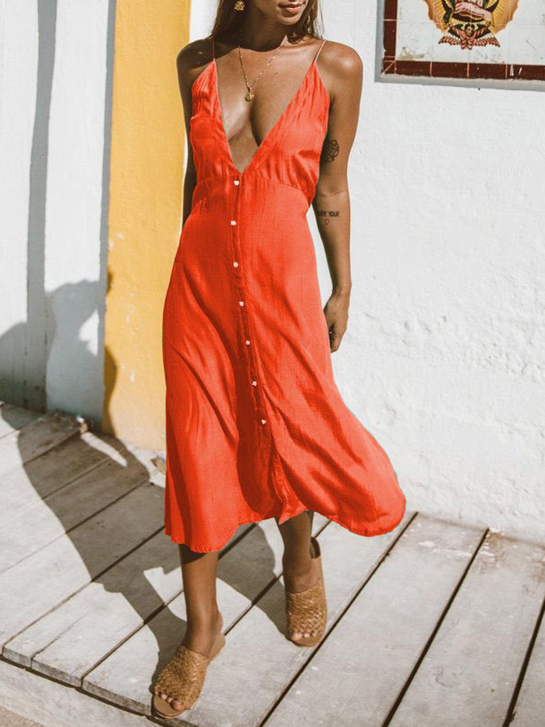 Bona Fide Fashion - Buttoned Plunge Midi Cami Dress - Women Fashion - Bona Fide Fashion