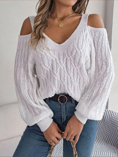 Bona Fide Fashion - Cable-Knit Cold Shoulder Long Sleeve Sweater - Women Fashion - Bona Fide Fashion