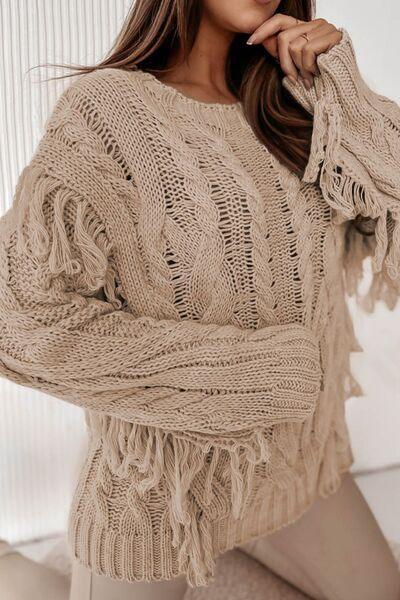 Bona Fide Fashion - Cable-Knit Fringe Round Neck Sweater - Women Fashion - Bona Fide Fashion