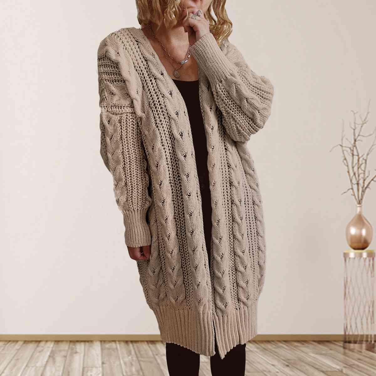 Bona Fide Fashion - Cable-Knit Open Front Dropped Shoulder Cardigan - Women Fashion - Bona Fide Fashion