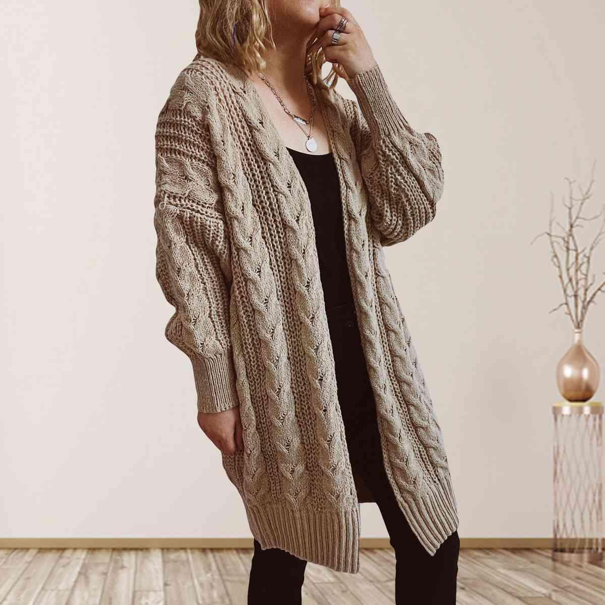 Bona Fide Fashion - Cable-Knit Open Front Dropped Shoulder Cardigan - Women Fashion - Bona Fide Fashion