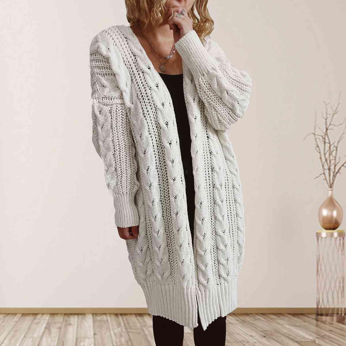 Bona Fide Fashion - Cable-Knit Open Front Dropped Shoulder Cardigan - Women Fashion - Bona Fide Fashion