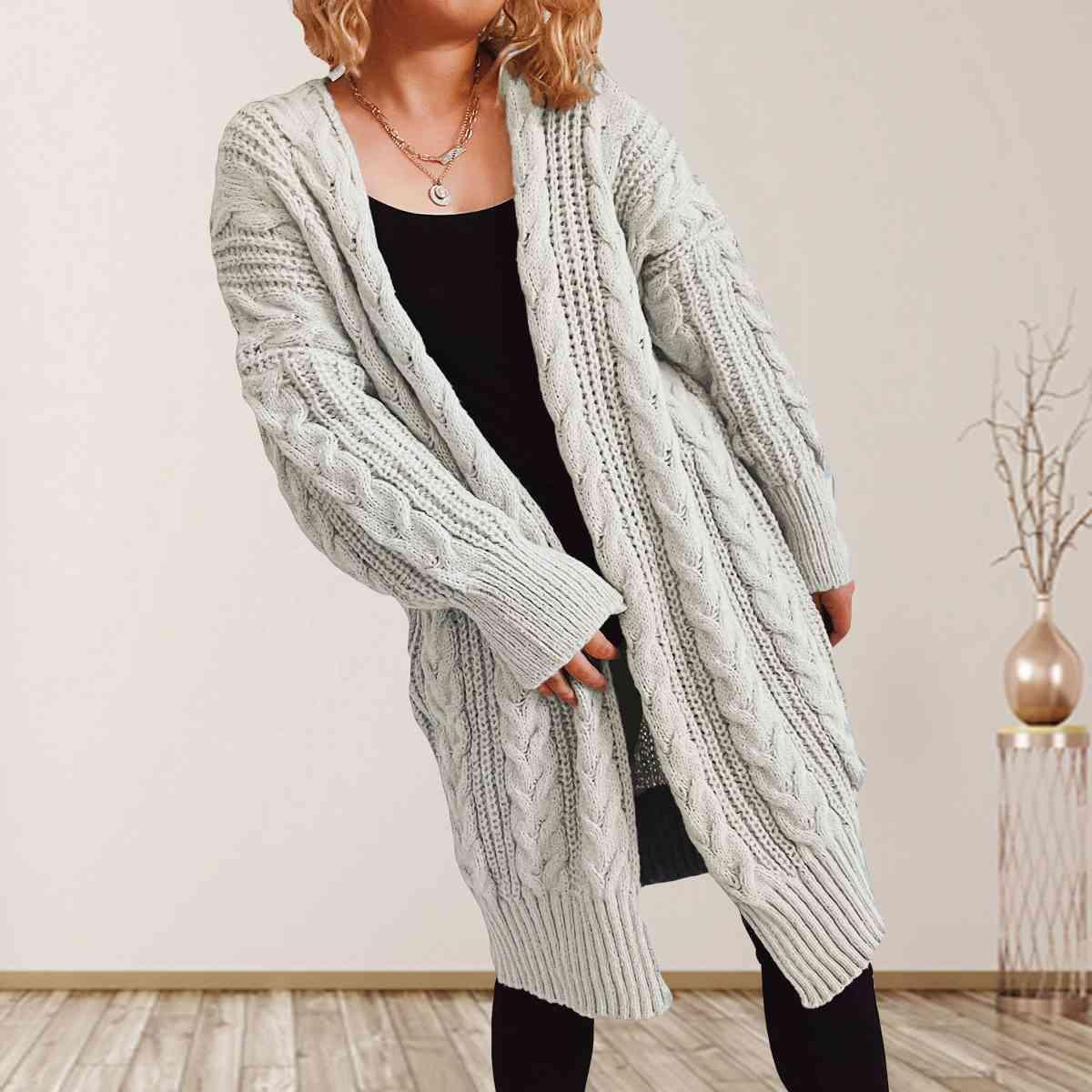 Bona Fide Fashion - Cable-Knit Open Front Dropped Shoulder Cardigan - Women Fashion - Bona Fide Fashion