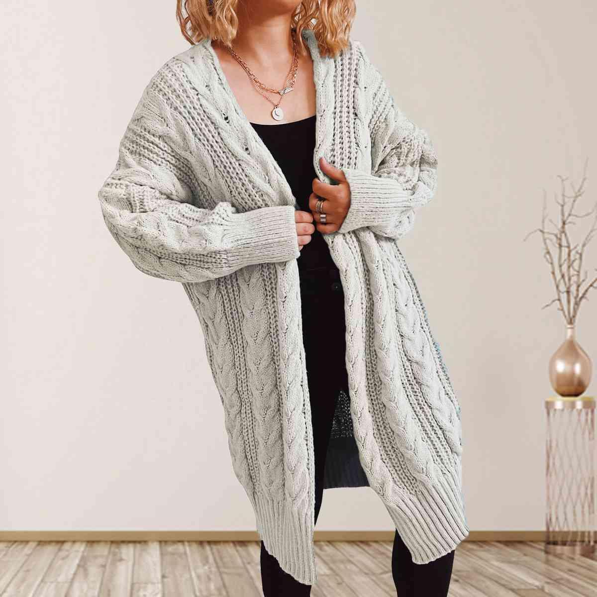 Bona Fide Fashion - Cable-Knit Open Front Dropped Shoulder Cardigan - Women Fashion - Bona Fide Fashion