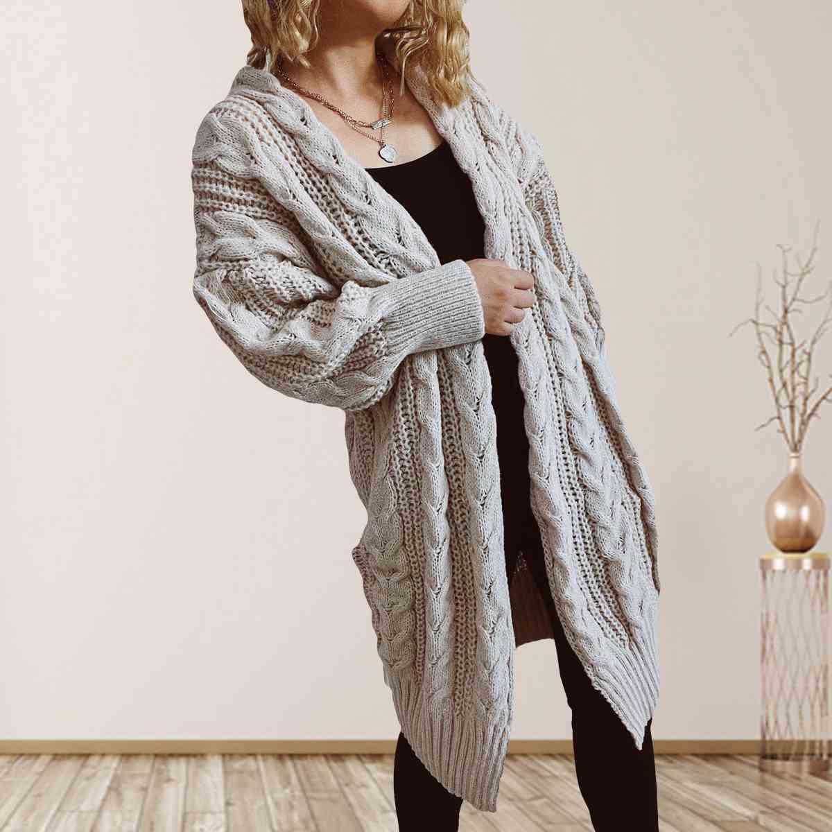 Bona Fide Fashion - Cable-Knit Open Front Dropped Shoulder Cardigan - Women Fashion - Bona Fide Fashion