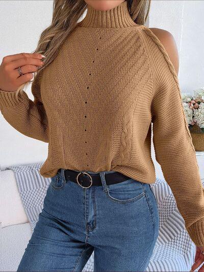 Bona Fide Fashion - Cable-Knit Turtleneck Cold Shoulder Sweater - Women Fashion - Bona Fide Fashion