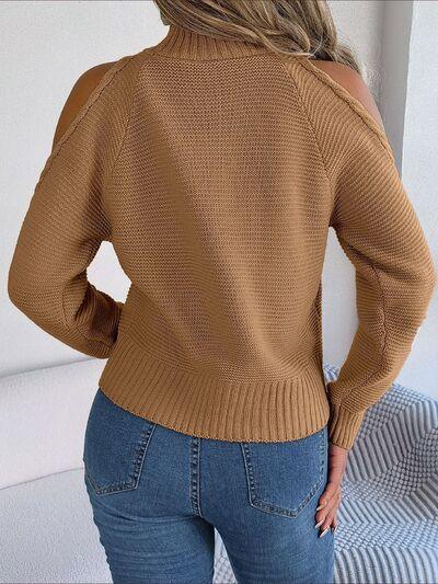 Bona Fide Fashion - Cable-Knit Turtleneck Cold Shoulder Sweater - Women Fashion - Bona Fide Fashion