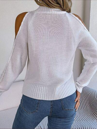 Bona Fide Fashion - Cable-Knit Turtleneck Cold Shoulder Sweater - Women Fashion - Bona Fide Fashion