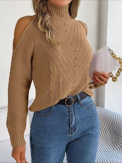 Bona Fide Fashion - Cable-Knit Turtleneck Cold Shoulder Sweater - Women Fashion - Bona Fide Fashion