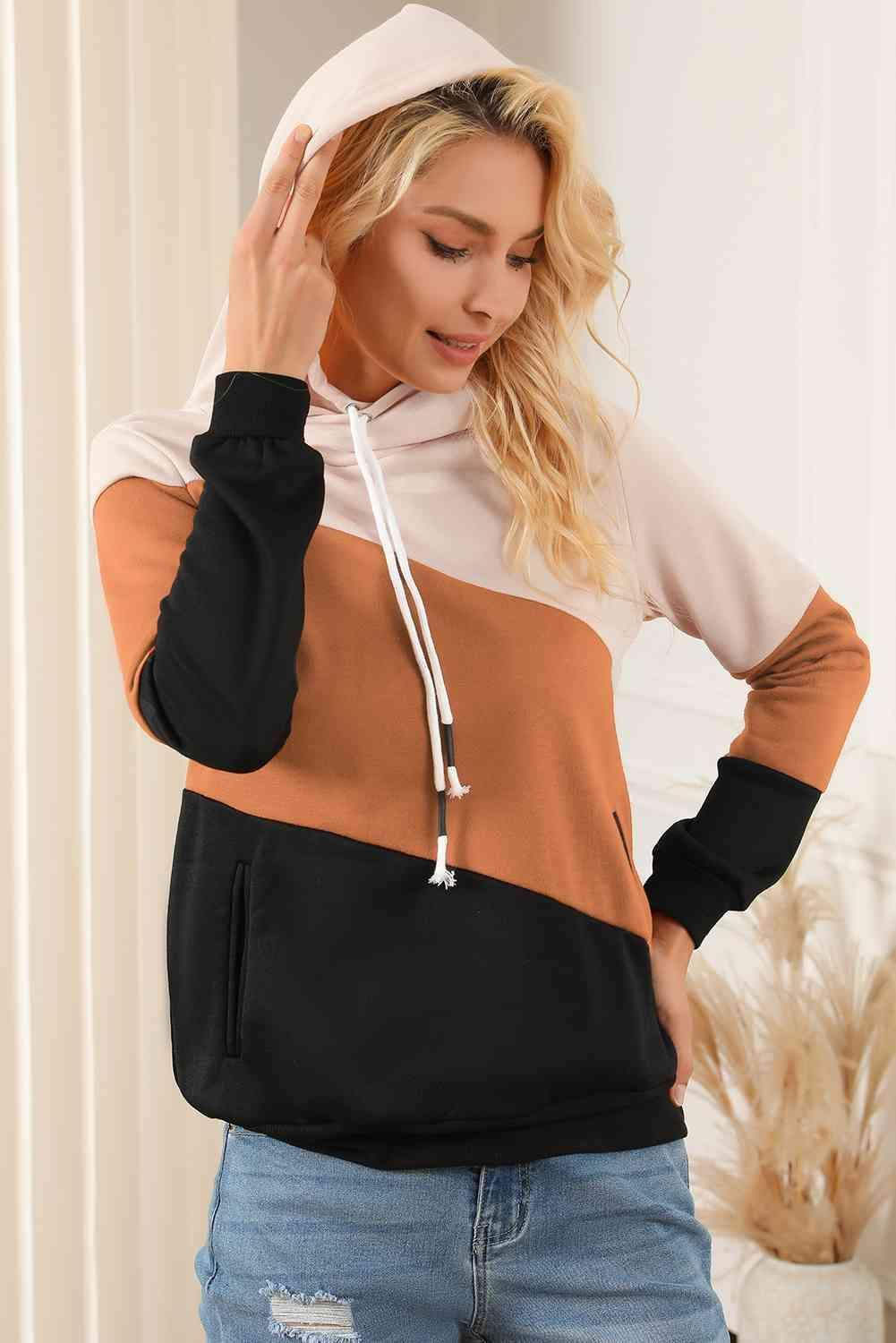 Bona Fide Fashion - Color Block Drawstring Hoodie with Pockets - Women Fashion - Bona Fide Fashion