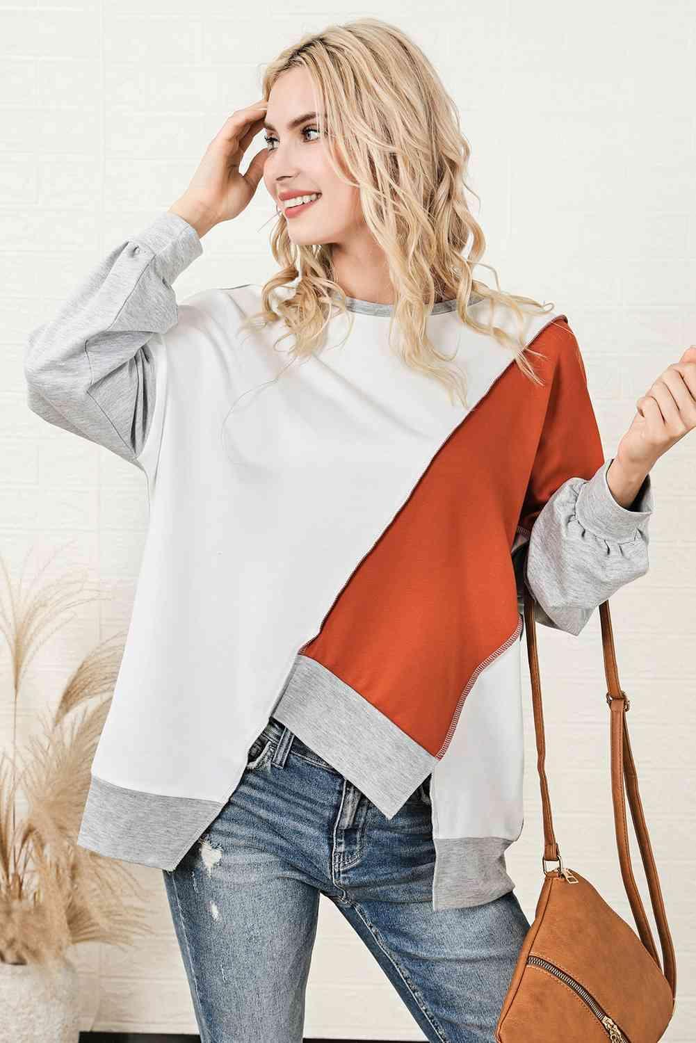 Bona Fide Fashion - Color Block Exposed Seam Asymmetrical Sweatshirt - Women Fashion - Bona Fide Fashion