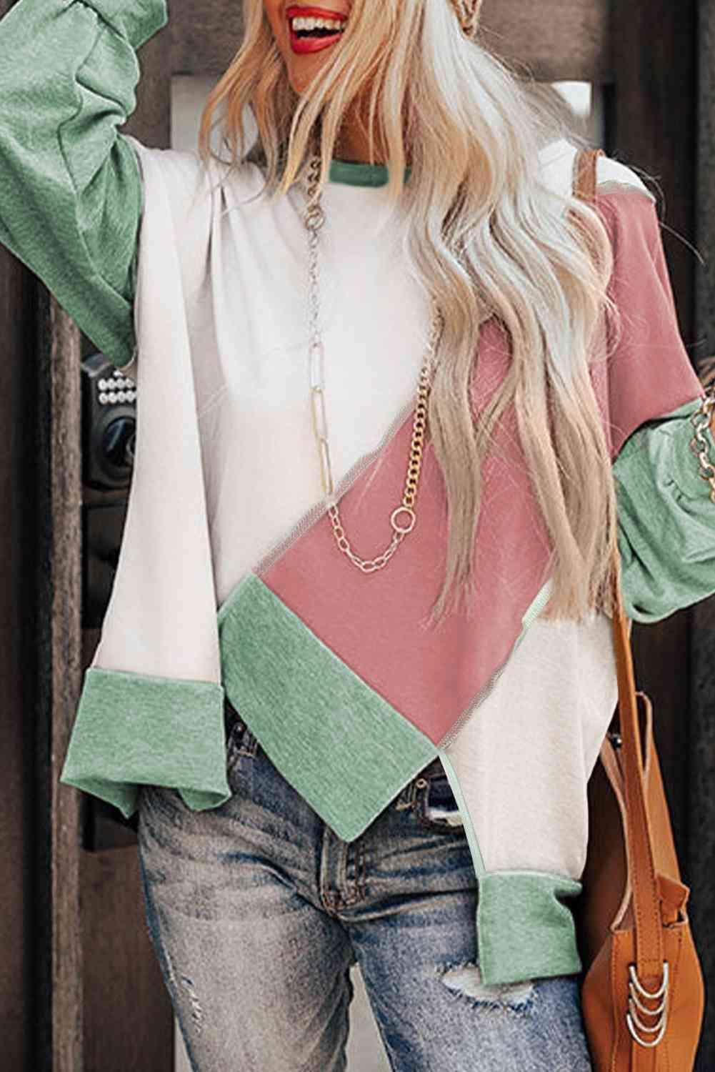 Bona Fide Fashion - Color Block Exposed Seam Asymmetrical Sweatshirt - Women Fashion - Bona Fide Fashion
