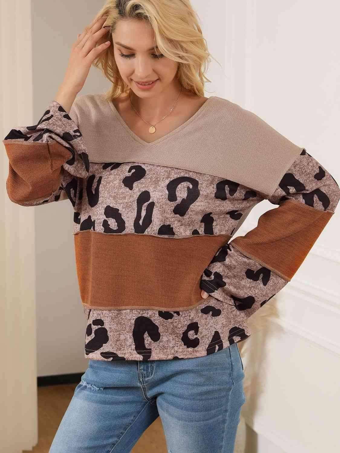 Bona Fide Fashion - Color Block Leopard V-Neck Blouse - Women Fashion - Bona Fide Fashion