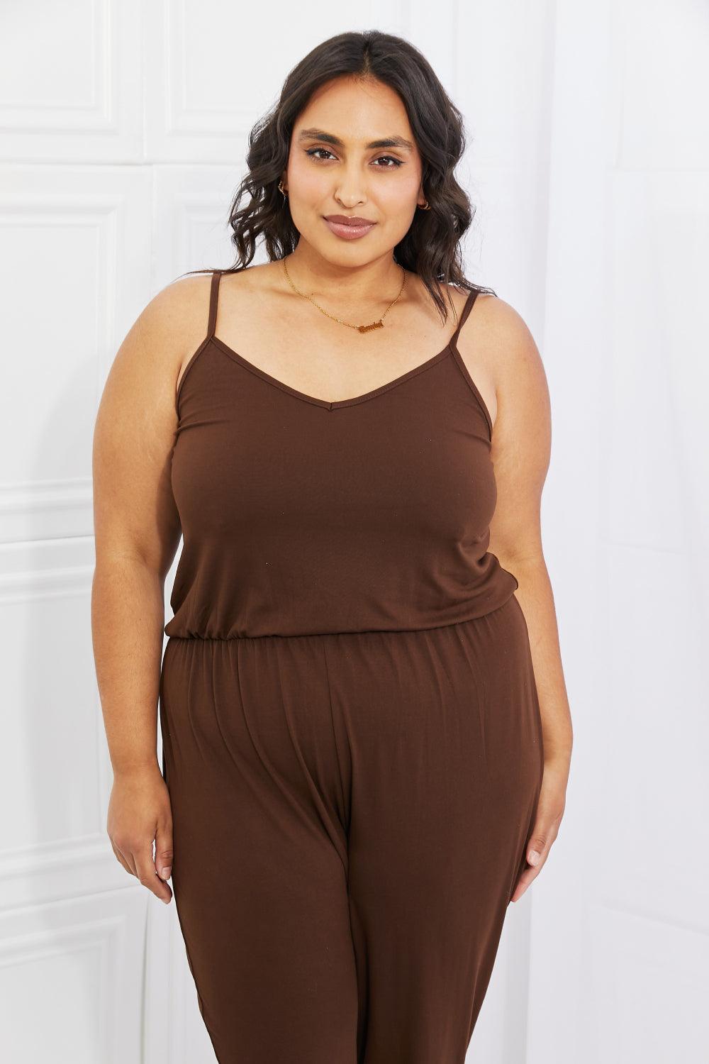Bona Fide Fashion - Comfy Casual Full Size Solid Elastic Waistband Jumpsuit in Chocolate - Women Fashion - Bona Fide Fashion