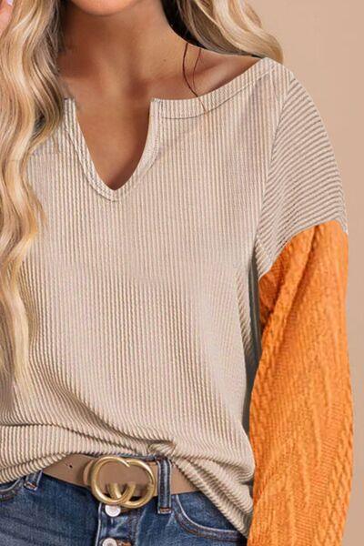 Bona Fide Fashion - Contrast Notched Long Sleeve Blouse - Women Fashion - Bona Fide Fashion