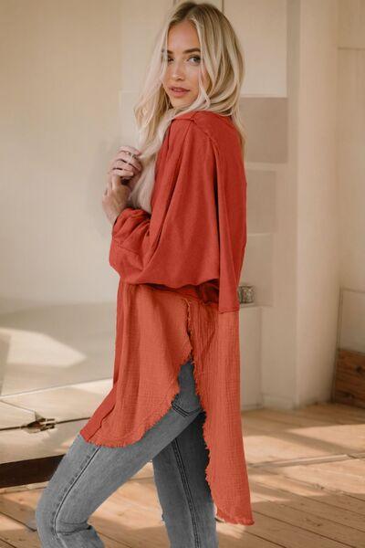 Bona Fide Fashion - Contrast Texture Round Neck Long Sleeve Blouse - Women Fashion - Bona Fide Fashion